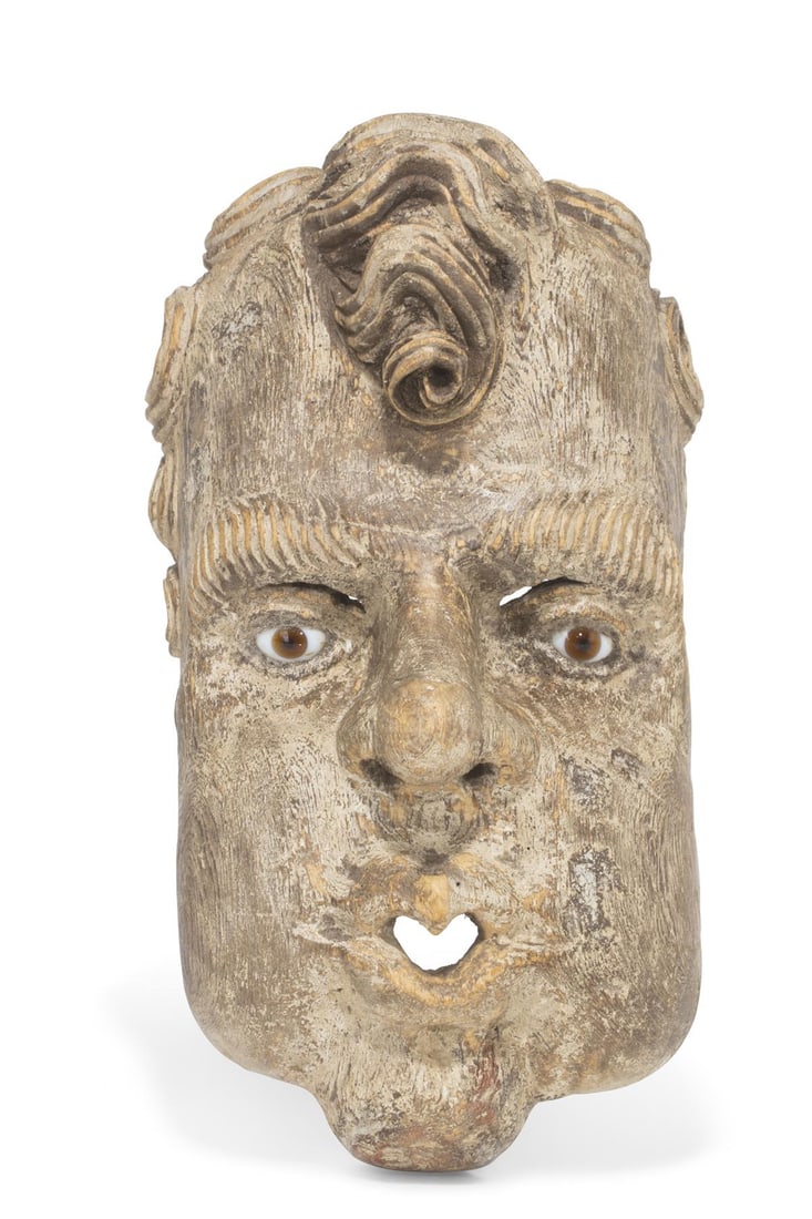 A Mexican figural carved and painted wood dance mask: A Mexican figural carved and painted wood dance mask 8 1/2 x 16 in. (21.6 x 40.6 cm.)