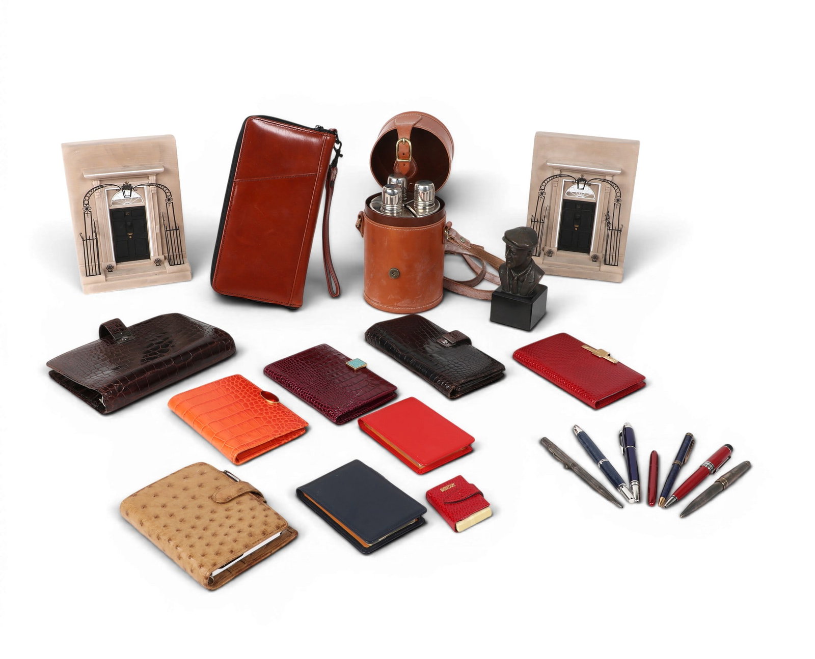 A group of approximately twenty-one mixed media desk items and decorations, Tiffany & Co., Mont: A group of approximately twenty-one mixed media desk items and decorations Tiffany & Co., Mont Blanc, Smythson, and others Comprising seven assorted pens, including Tiffany & Co., Mont Blanc, and
