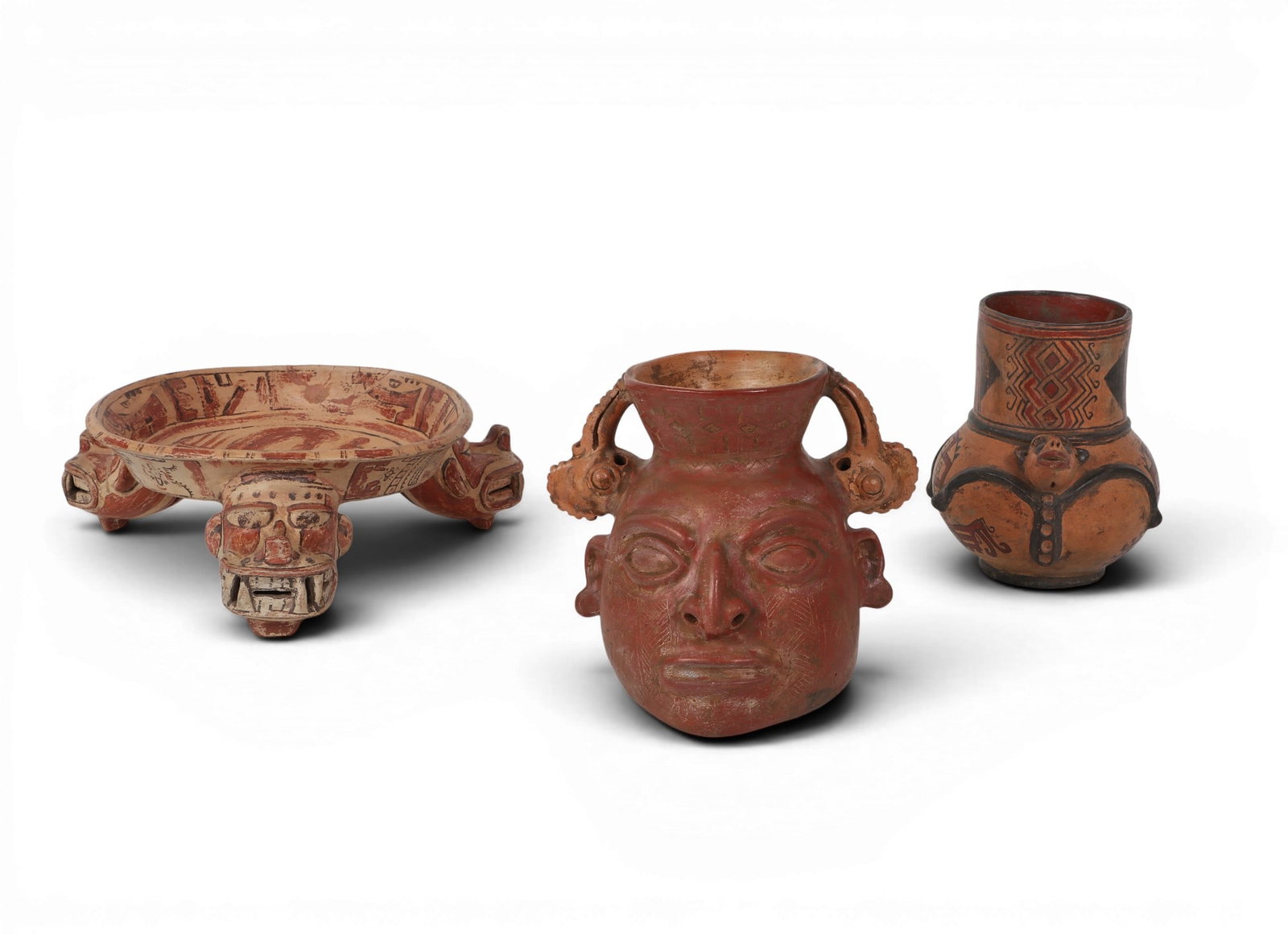 A group of three large Mesoamerican polychrome vessels (1 of 6)