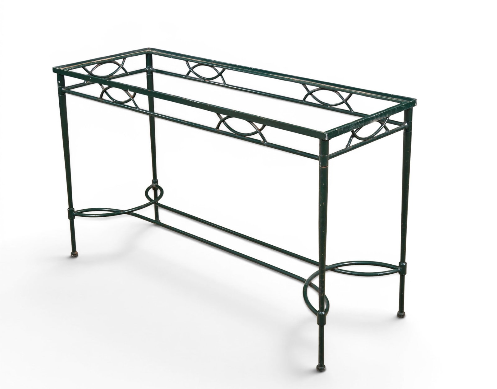 A Janus et Cie green painted console, missing glass inset: A Janus et Cie green painted console, missing glass inset height 29 x width 48 x depth 18 in. (73.7 x 121.9 x 45.7 cm.)