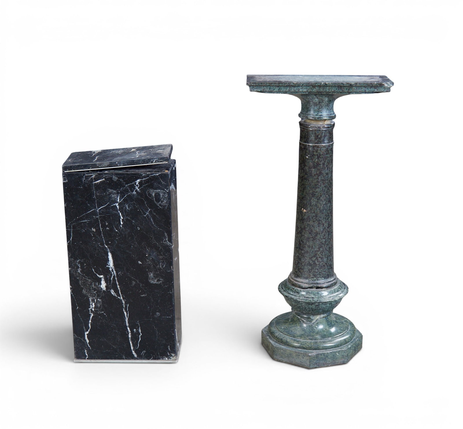Two marble pedestals - revolving top to one does not affix, 20th century: Two marble pedestals - revolving top to one does not affix 20th century larger height 40 1/4in (102cm); width 19 1/2in (50cm); depth 14in (36cm)