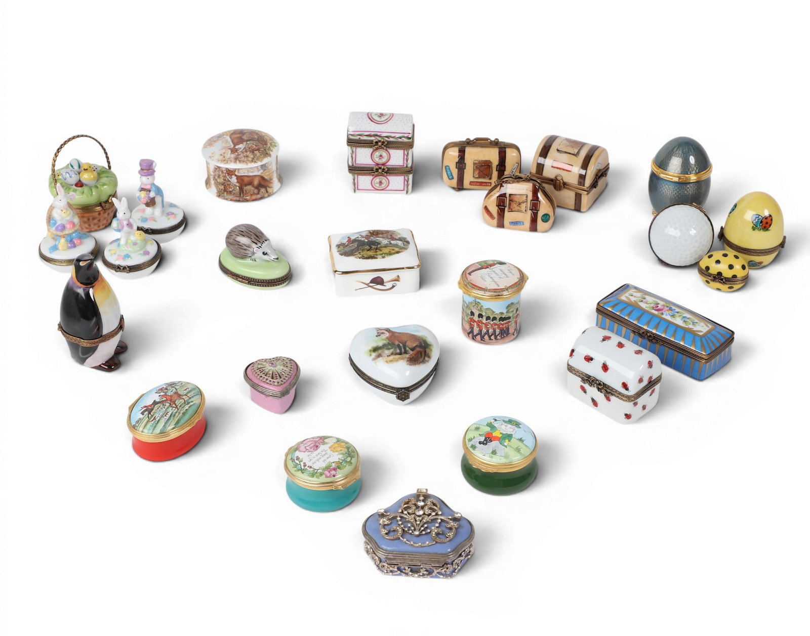 A group of twenty-five porcelain enameled trinket boxes, Halcyon Days, Limoges, and other makers, (1 of 3)