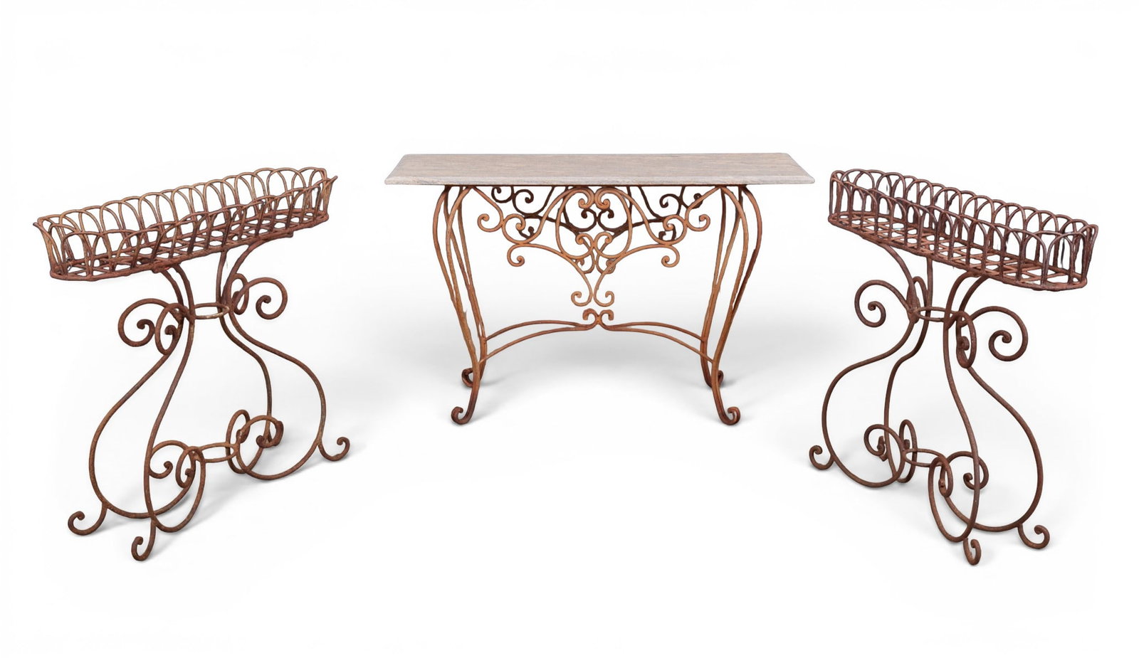 A pair of wrought iron planters together with a wrought console with marble top (1 of 9)
