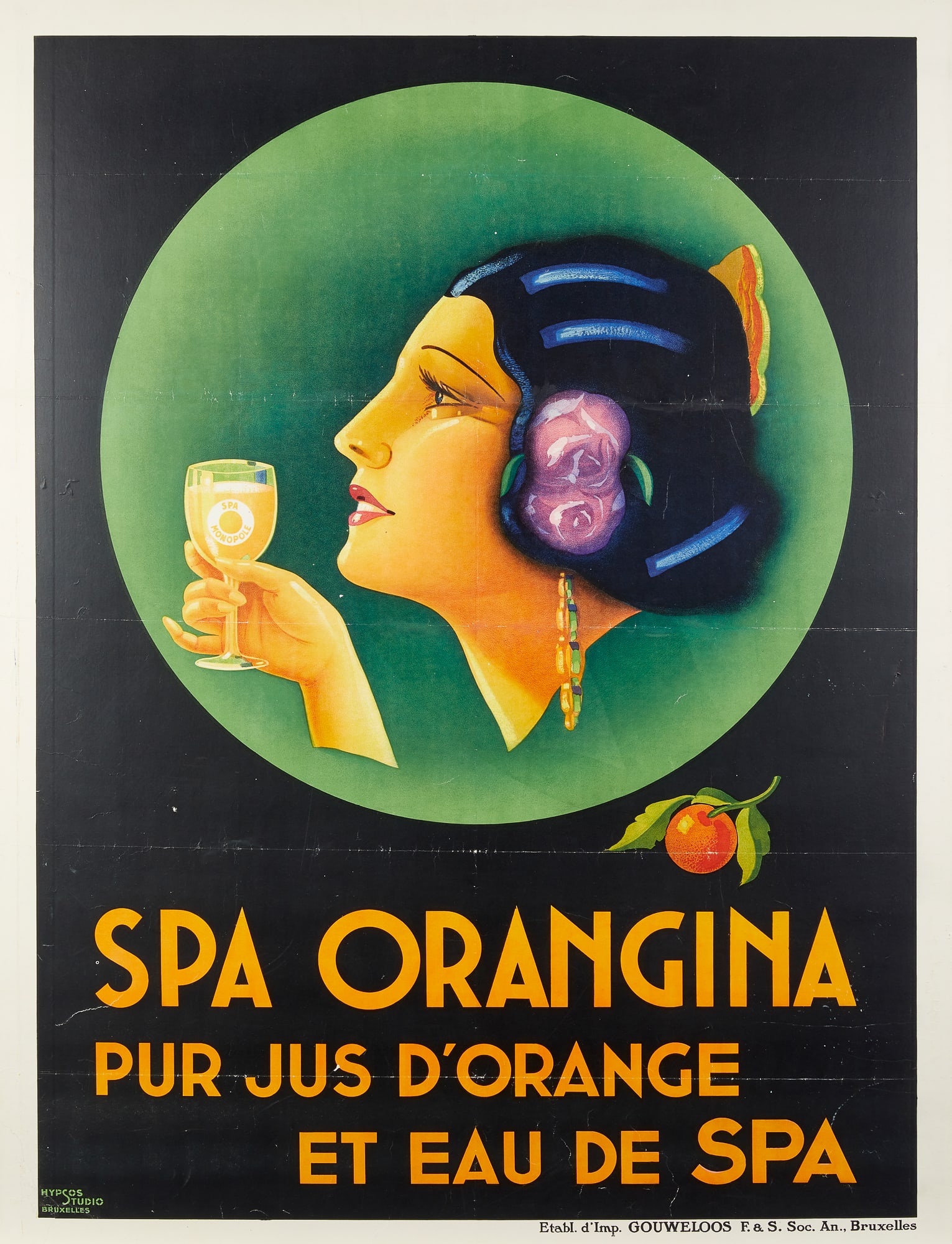 A Belgian "Spa Orangina" color lithograph poster on Japanese paper, circa 1930 (1 of 3)