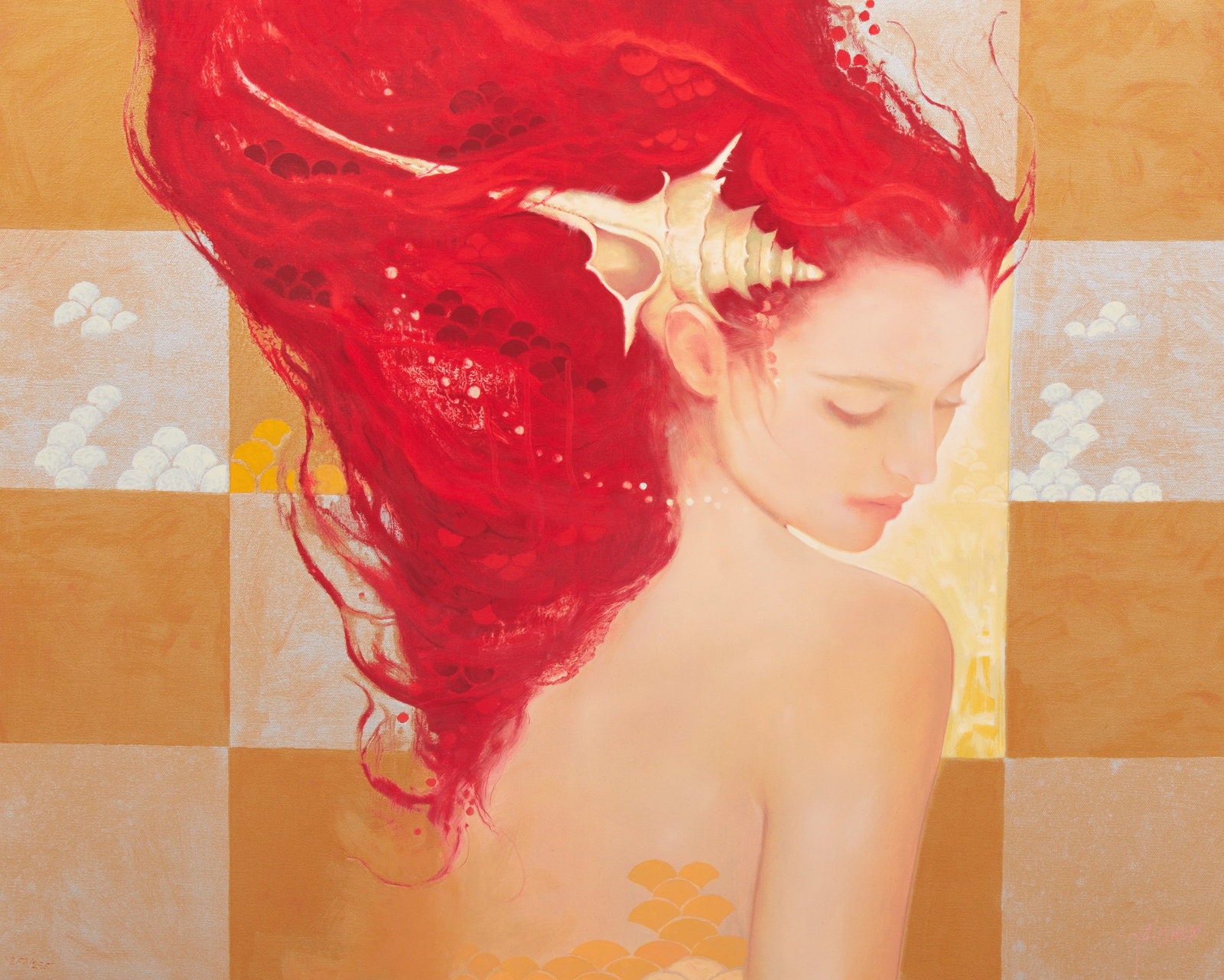 A painting of a woman with seashell: A painting of a woman with seashell Framed: 39 x 44 in. (99.1 x 111.8 cm.)