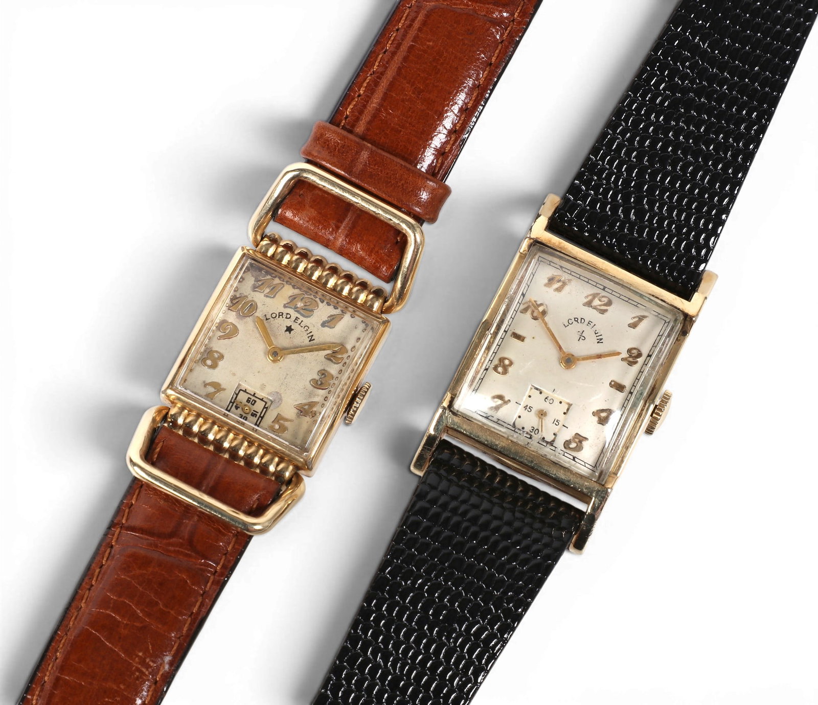 Two Lord Elgin gold filled leather strap wristwatches, circa 1940s: Two Lord Elgin gold filled leather strap wristwatches circa 1940s One Cal. 625, 21-jewel manual wind, no. H434139, snap on case back, no. 9415542, 24 mm; other Cal. 559, 21-jewel manual wind, no. C670