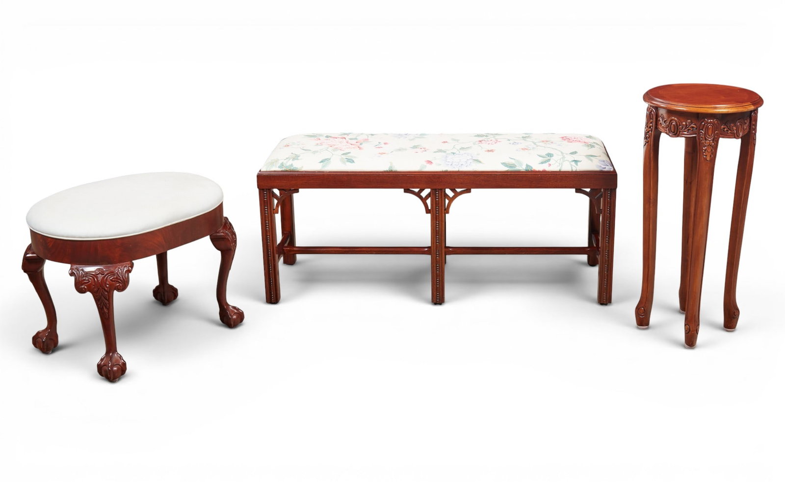 A group of two Mahogany benches together with a Mahogany pedestal: A group of two Mahogany benches together with a Mahogany pedestal Bench: height 19 x width 47 x depth 16 1/2 in. (48.3 x 119.4 x 41.9 cm.), Pedestal: height 31 x diameter 14 in. (78.7 x 35.6 cm.)