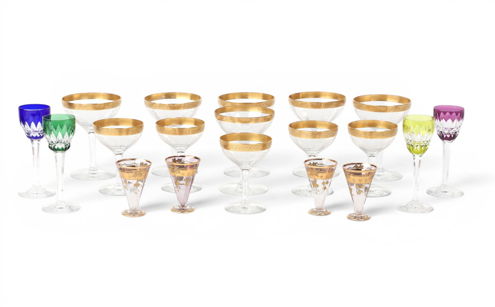 A group of four Baccarat cordials together with fifteen gilt decorated assorted glasses, (19) (1 of 4)