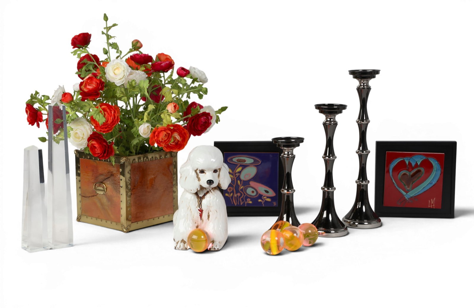 A brass and copper planter with faux flowers together with sculpture of a poodle, a set of three (1 of 5)