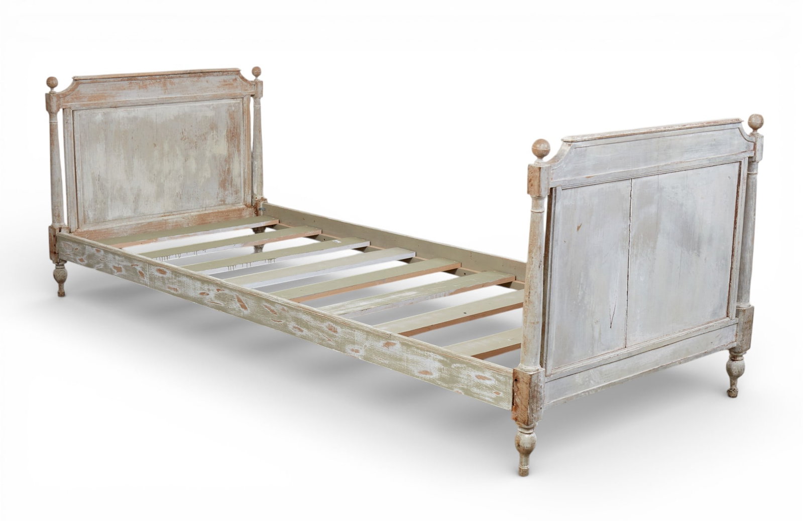 A French provincial paint decorated bed, circa 1800: A French provincial paint decorated bed circa 1800 With replaced extra long rails giving a length of 10ft. height 43in (109cm); width 49in (125cm); length 120in (305cm)