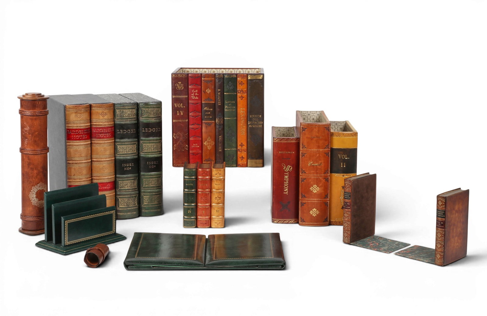 An assembled collection of twelve tooled leather desk/library articles, modern (1 of 5)