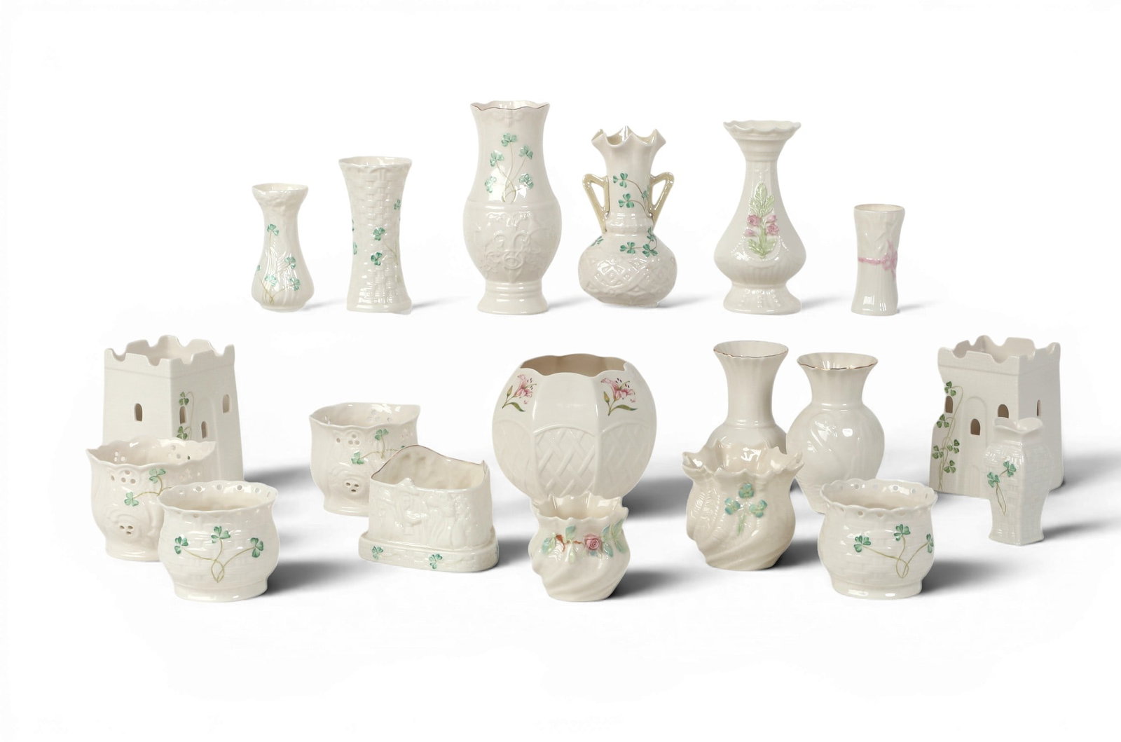 A collection of nineteen assorted Belleek porcelain vases and votives, 1923-2010 (1 of 8)