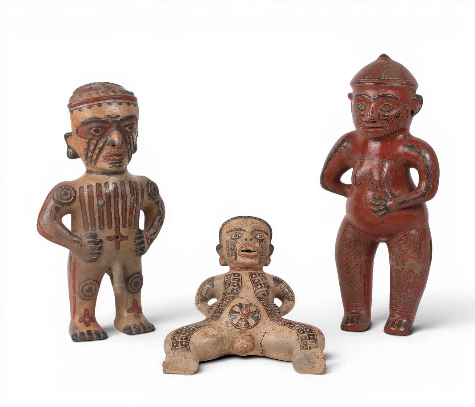 A group of three large Mesoamerican Greater Nicoya polychrome ceramic effigy figures (1 of 6)