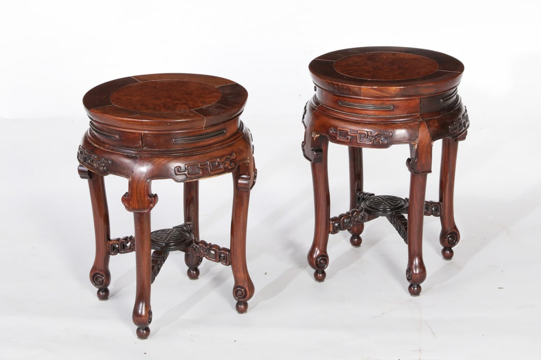 A pair of Chinese burlwood and hardwood low tables (1 of 1)