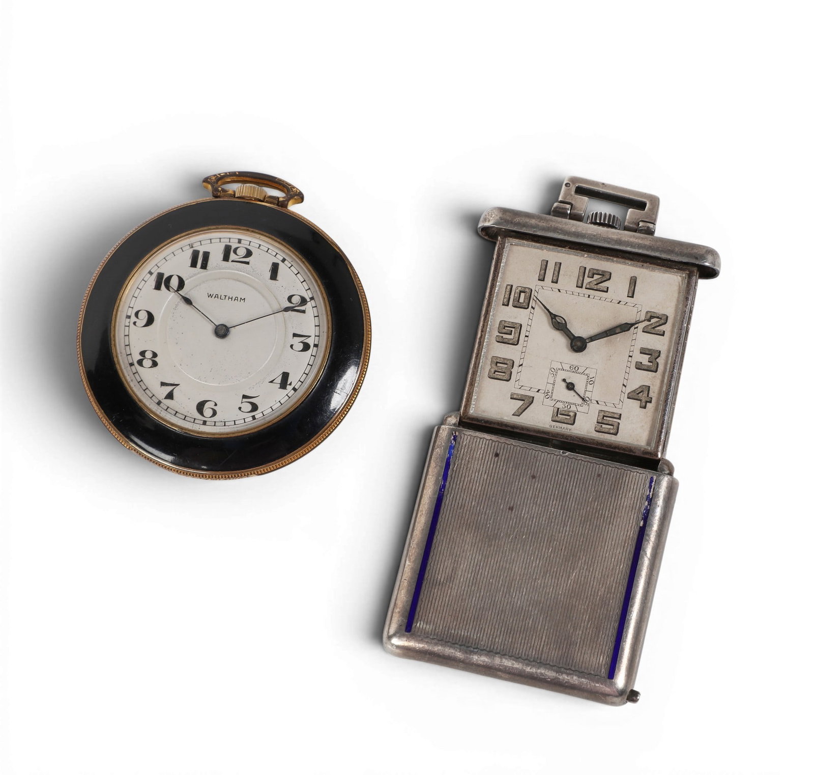A Bosch sterling silver travel clock and a Waltham gold plated and black enamel keyless wind open (1 of 4)