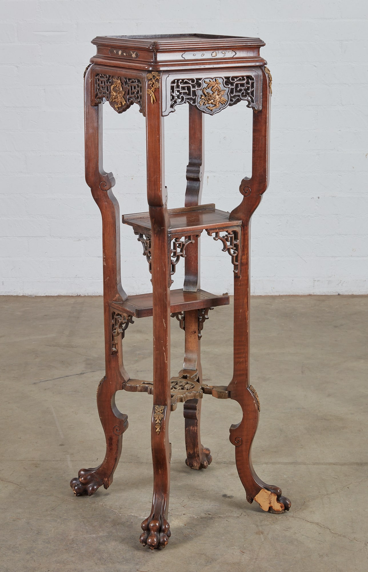 A French gilt bronze mounted and inlaid mahogany Japonisme stand, in the manner of Alfred Perret And: A French gilt bronze mounted and inlaid mahogany Japonisme stand in the manner of Alfred Perret And Ernest Vibert for La Maison des Bambous circa 1900 height 51 1/4in (130cm); width 15in (38cm) square