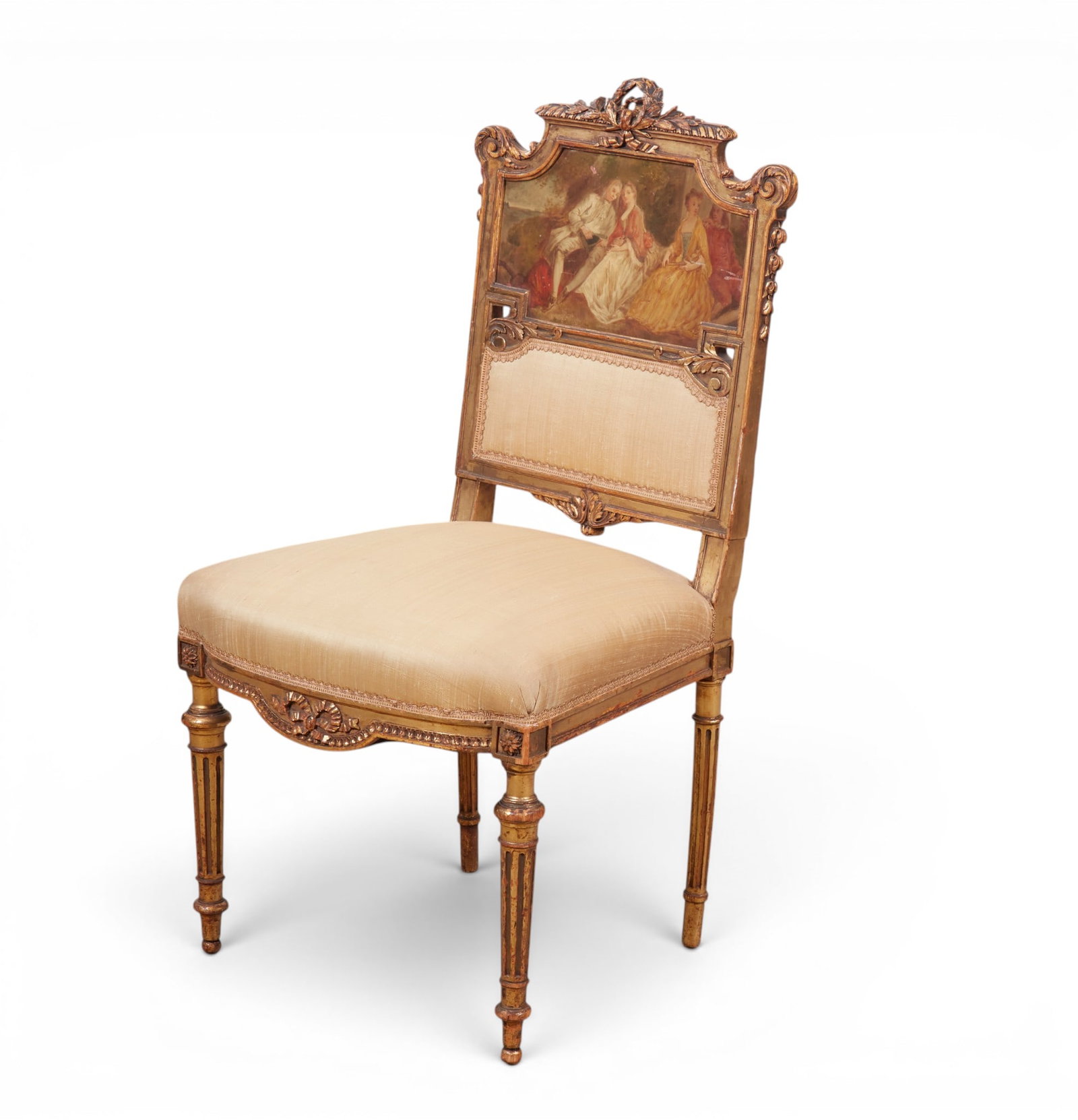 A French giltwood salon chair with painted decorated back panel: A French giltwood salon chair with painted decorated back panel height 39 x width 21 x depth 18 in. (99.1 x 53.3 x 45.7 cm.)