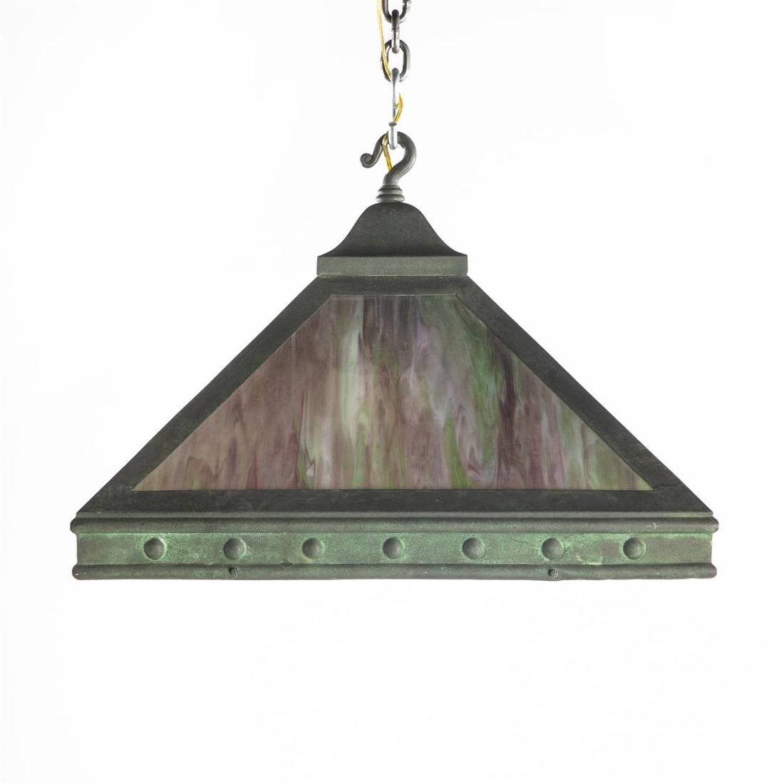 An Arts and Crafts style verdigris metal and slag glass chandelier 20th century: An Arts and Crafts style verdigris metal and slag glass chandelier 20th century height approximately 15 1/2in (39.5cm); width approximately 20 1/2in (52cm); depth 20 1/2in (52cm)