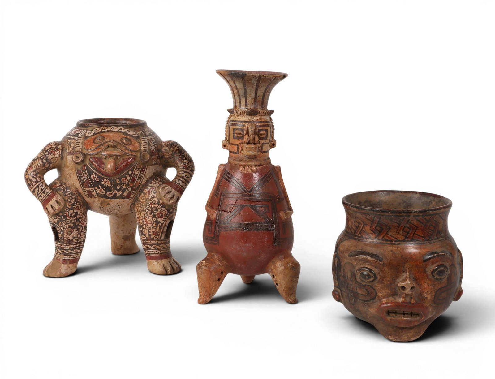 A group of two South American and one Mesoamerican polychrome effigy figured ceramic vessels (1 of 7)