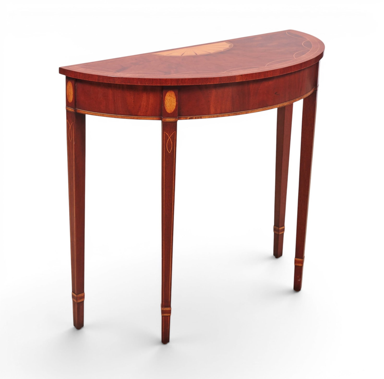 A George III style inlaid mahogany demilune console table, 20th century (1 of 8)