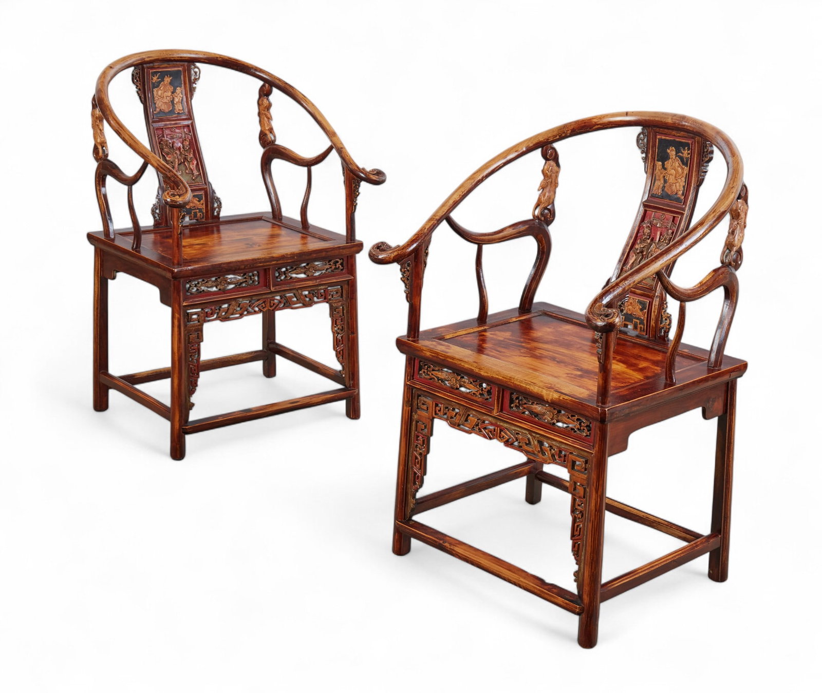 A pair of Chinese parcel paint decorated stained elm horseshoe armchairs (1 of 14)