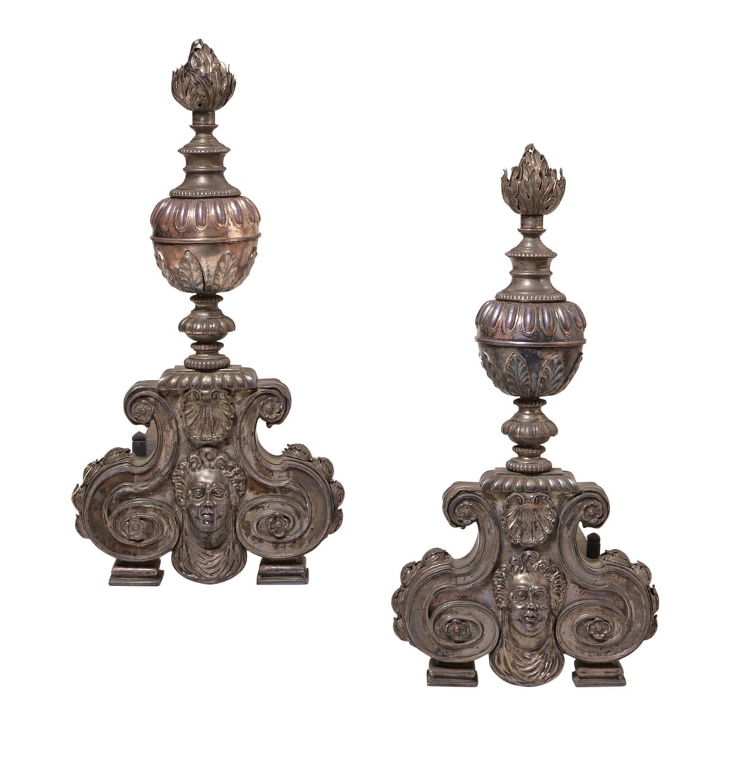 A pair of Continental Baroque style white metal andirons, Edward F. Caldwell & Co., New York, late (1 of 5)
