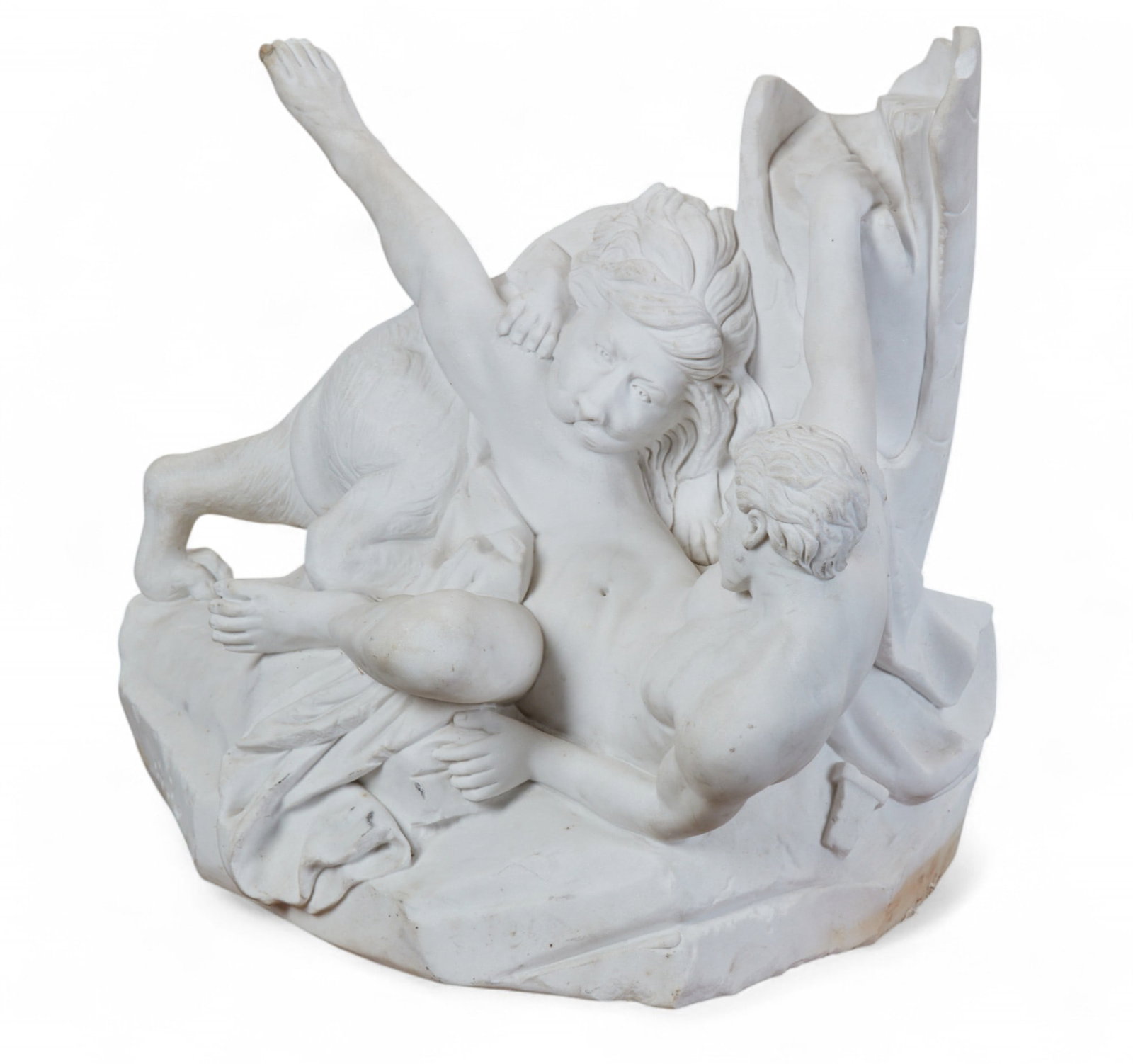 A carved marble figural group of a Classical man battling a lion, modern: A carved marble figural group of a Classical man battling a lion modern height 26 1/2in (66cm); width 23in (57.5cm); depth 24in (60cm) Provenance: Property from the Private Collection of Larry Bond, U