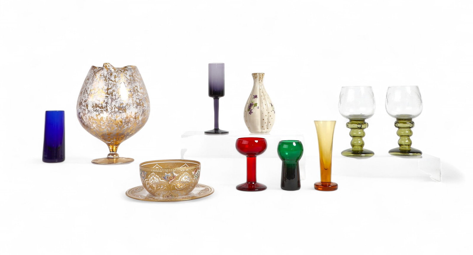 A group of 10 glasses & porcelain vase: A group of 10 glasses & porcelain vase Tallest 8 1/2 x 6 in. (21.6 x 15.2 cm.)