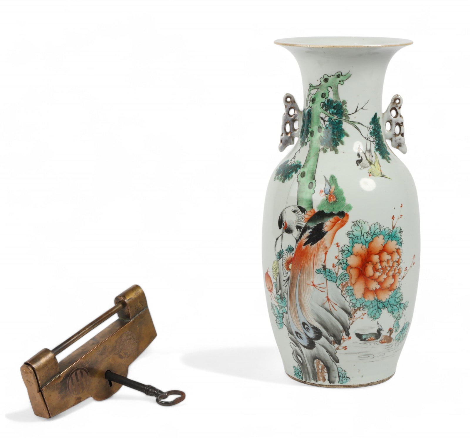 A Chinese Famille Rose porcelain vase and a metalware lock: A Chinese Famille Rose porcelain vase and a metalware lock (2) vase height 17in (43cm); diameter 7in (18cm)