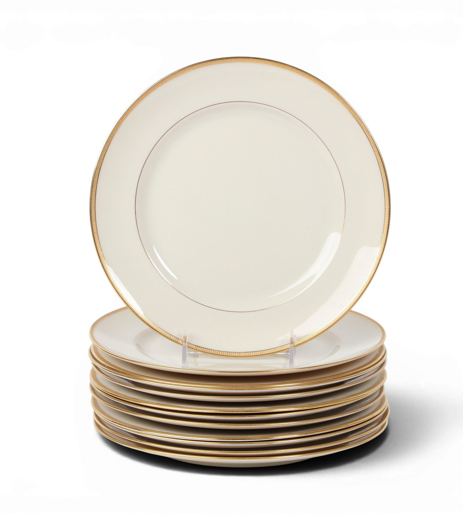 A set of twelve Lenox porcelain dinner plates: A set of twelve Lenox porcelain dinner plates With factory stamp and painted 10 1/2 / J33 to underside. diameter 10 1/2in Provenance: Property from the Collection of Ben Nysewander, Carmel,