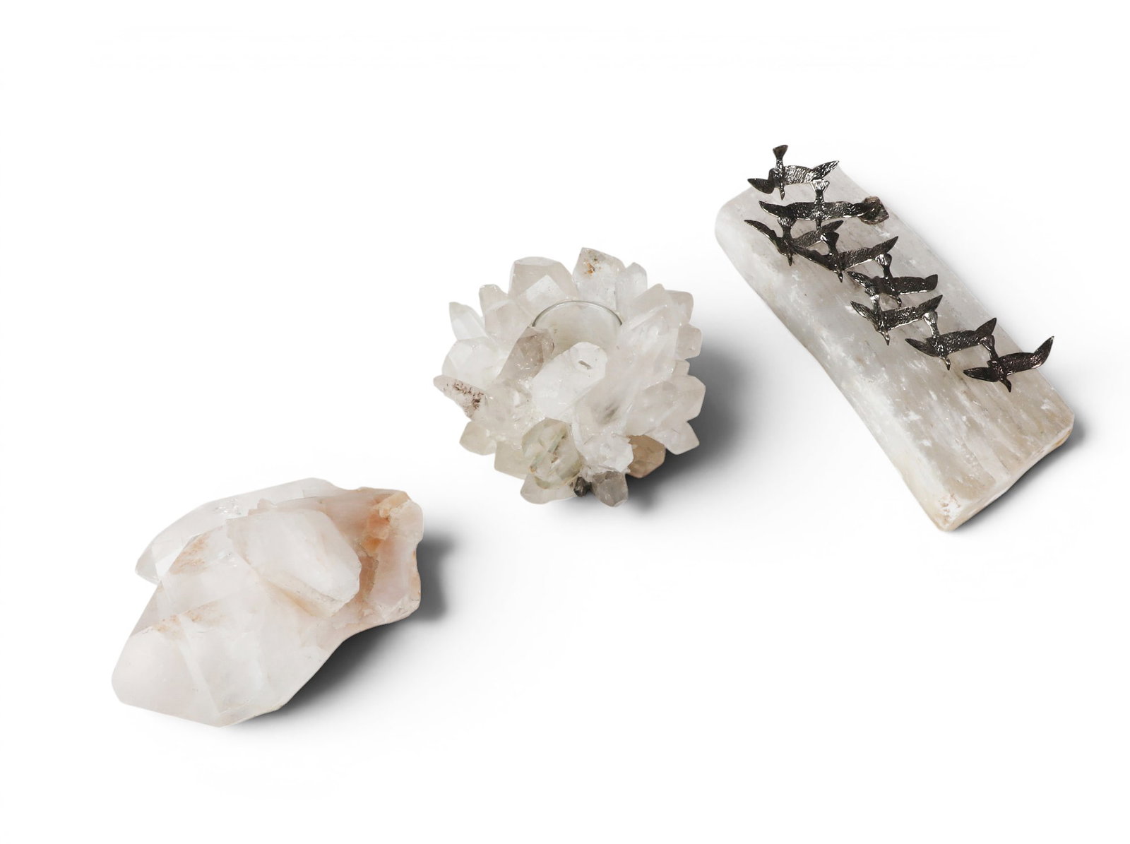 A sterling flock of birds in flight resting on a rock crystal together with two rock crystal table (1 of 4)