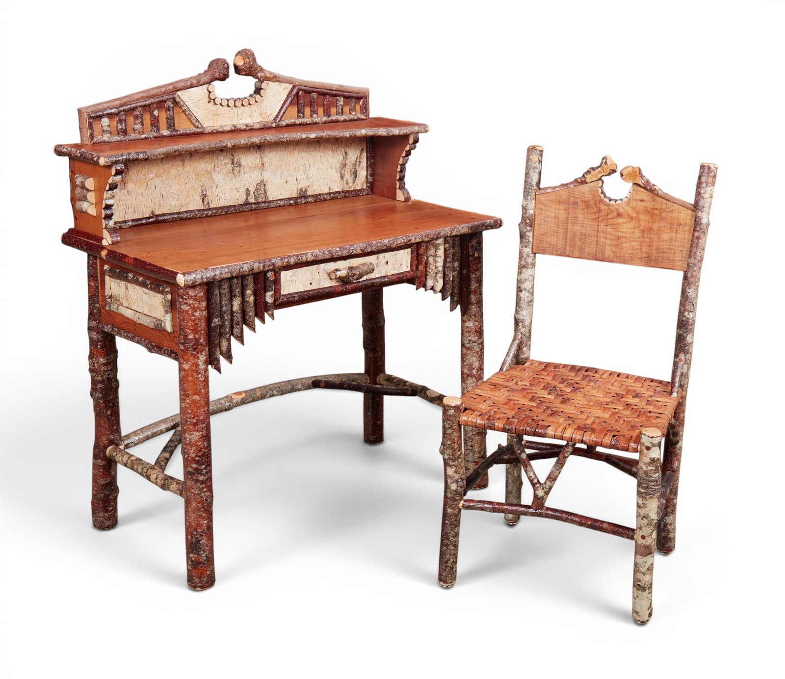 A rustic birch bark, twig and mixed wood desk and chair, 20th century (1 of 11)