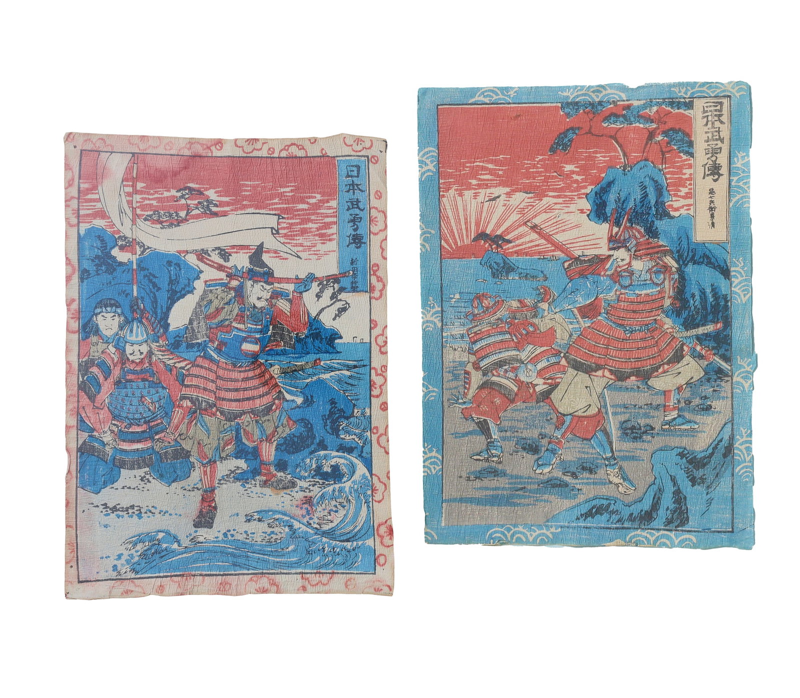 Two Japanese Samurai woodblock chirimen gami-eprints (1 of 11)