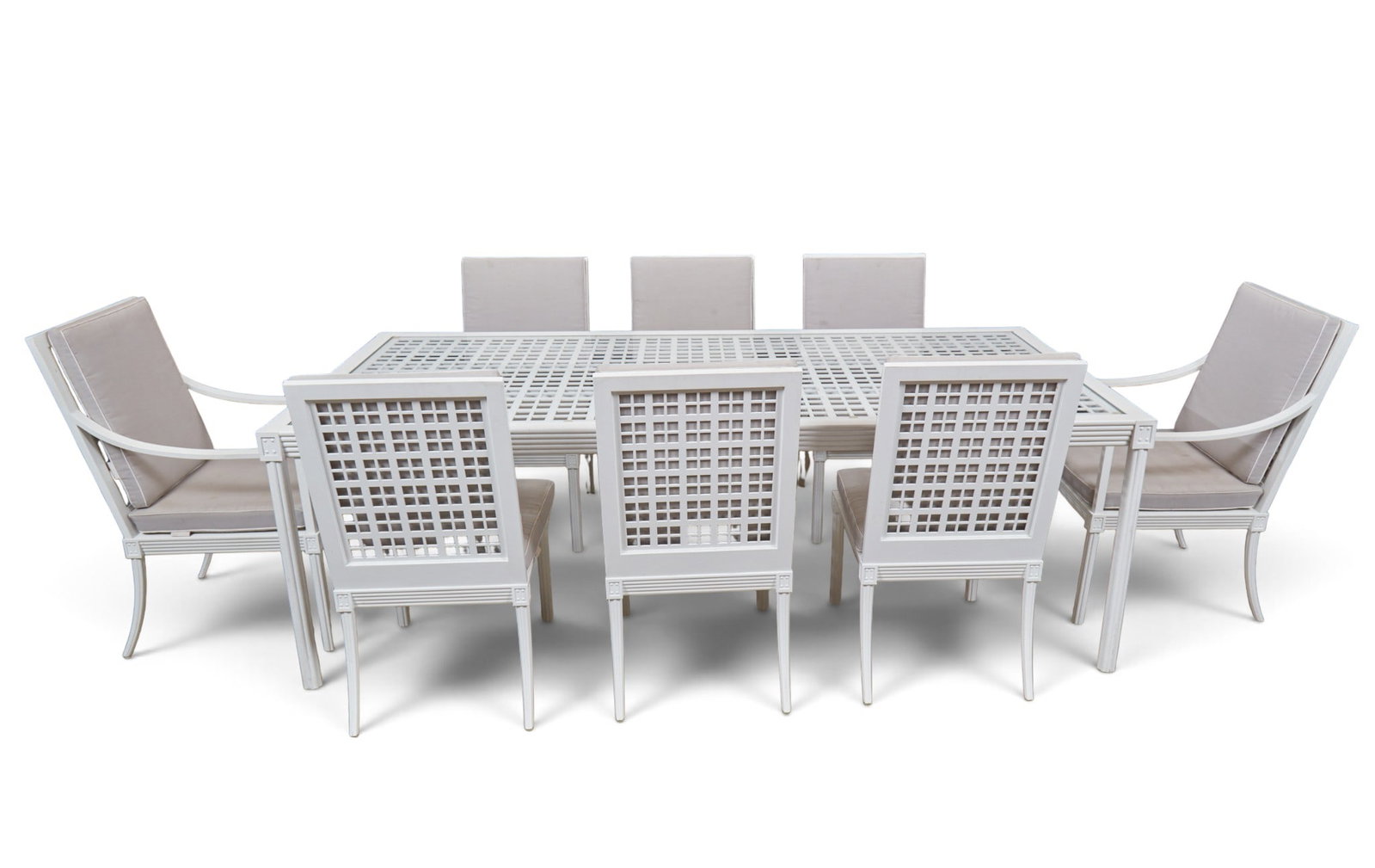 A nine piece suite of Janus et Cie Quadratl white powder coated aluminum patio furniture, (1 of 20)