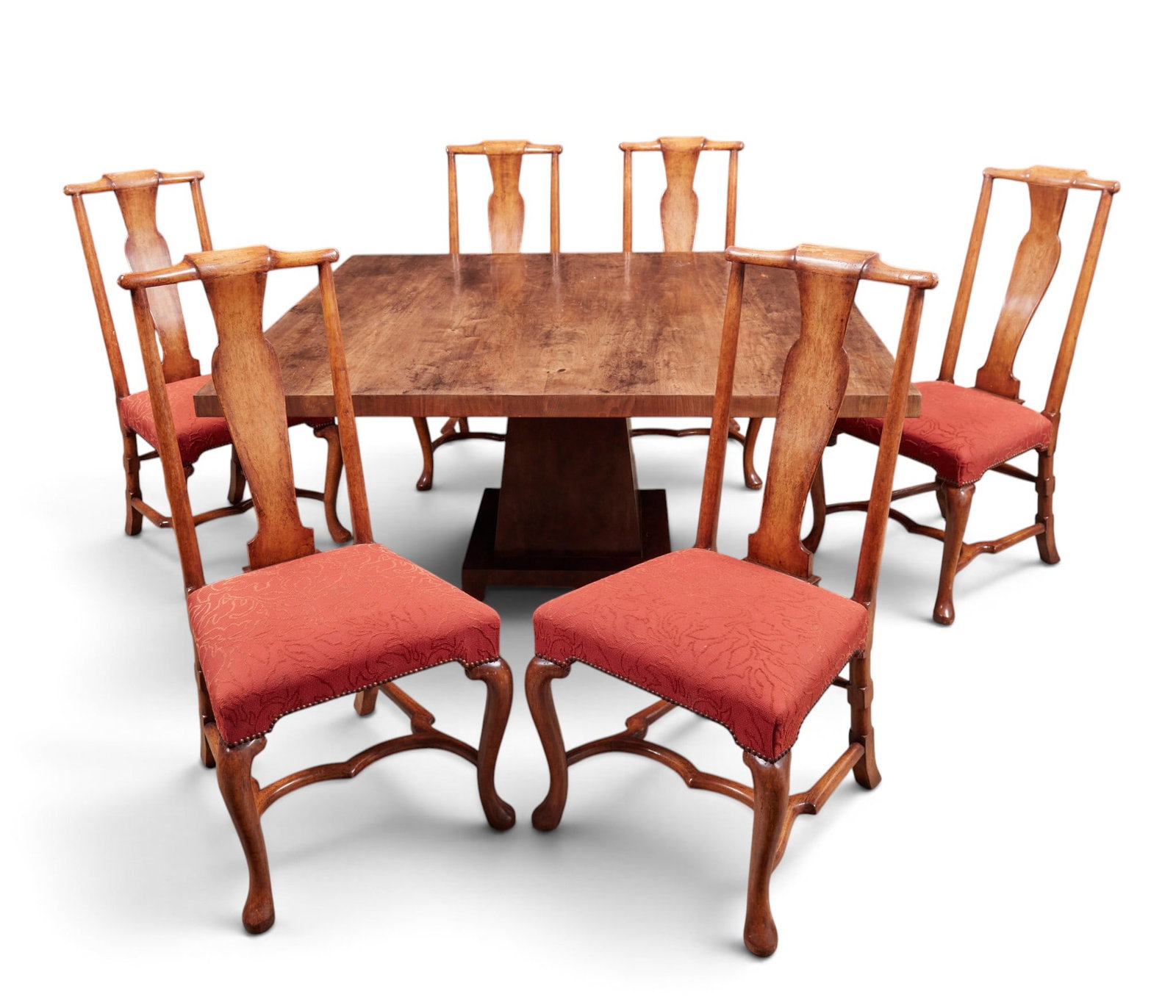 A hardwood square dining table and six Queen Anne style walnut side chairs, modern (1 of 10)
