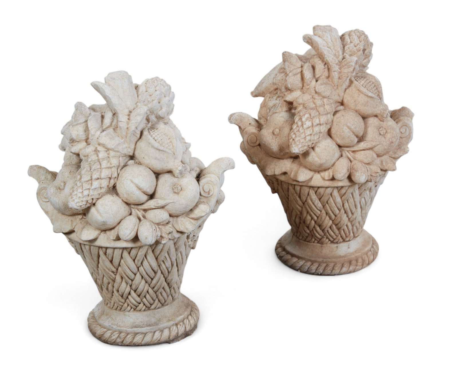 A pair of stone fruit filled baskets finials, 20th century: A pair of stone fruit filled baskets finials 20th century height 17 1/4in (43cm); width 13 1/2in (34cm); depth 10 1/2in (26cm) Provenance: Property from the Private Collection of Larry Bond, Utah.