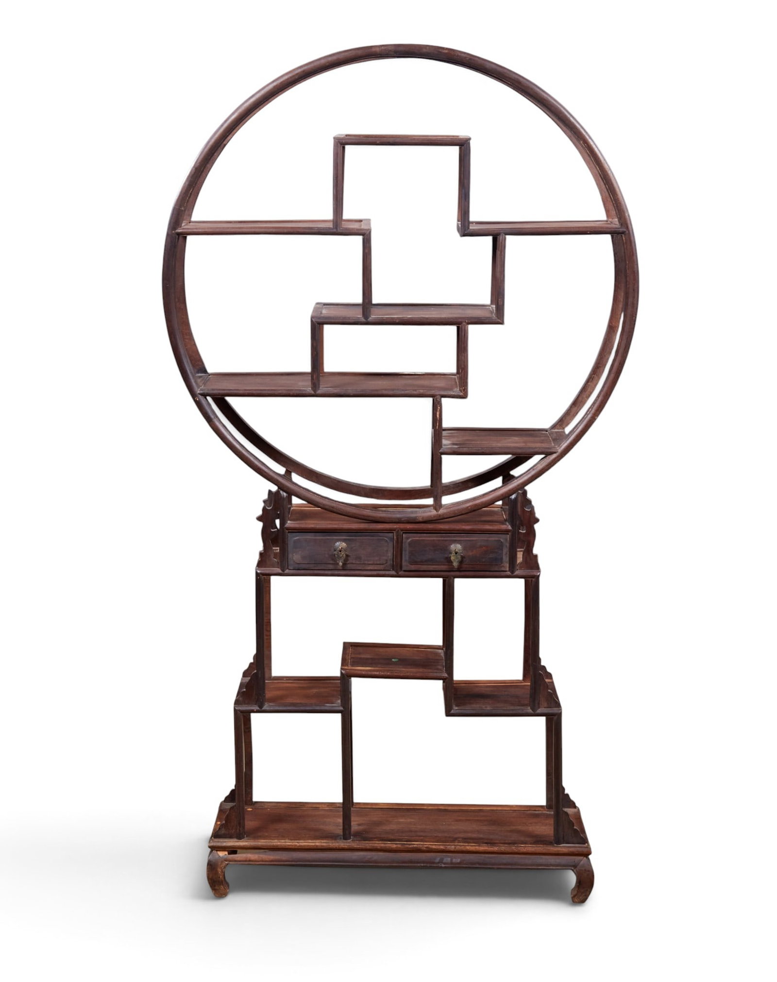 A Chinese moon-gate etagere.: A Chinese moon-gate etagere. height 70 1/4 x width 37 1/2 x depth 11 1/4 in. (178.4 x 95.3 x 28.6 cm.)