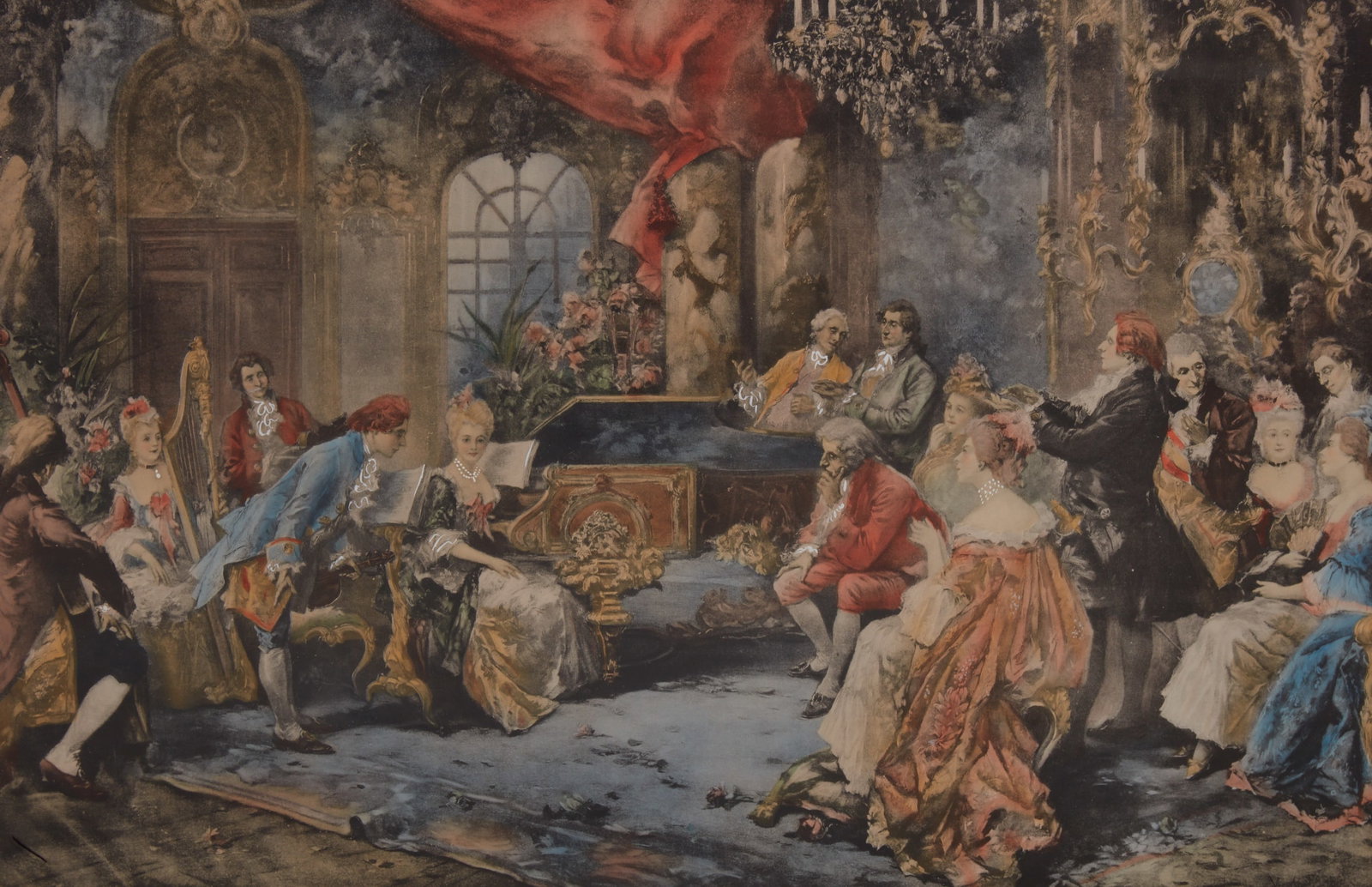 A Vintage colored lithograph set in a carved gilded frame (1 of 3)