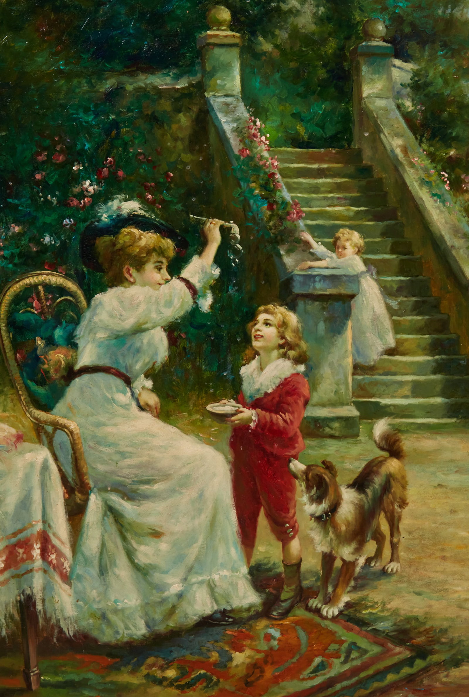 A painting of victrian woman blowing soap bubbles for children set in an ornate frame (1 of 5)