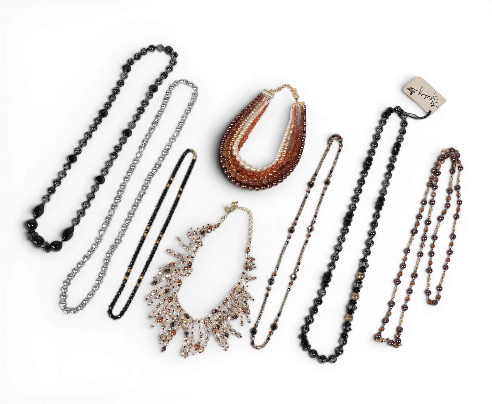 A group of eight assorted faux pearl, hardstone, and glass beaded necklaces, modern (1 of 4)