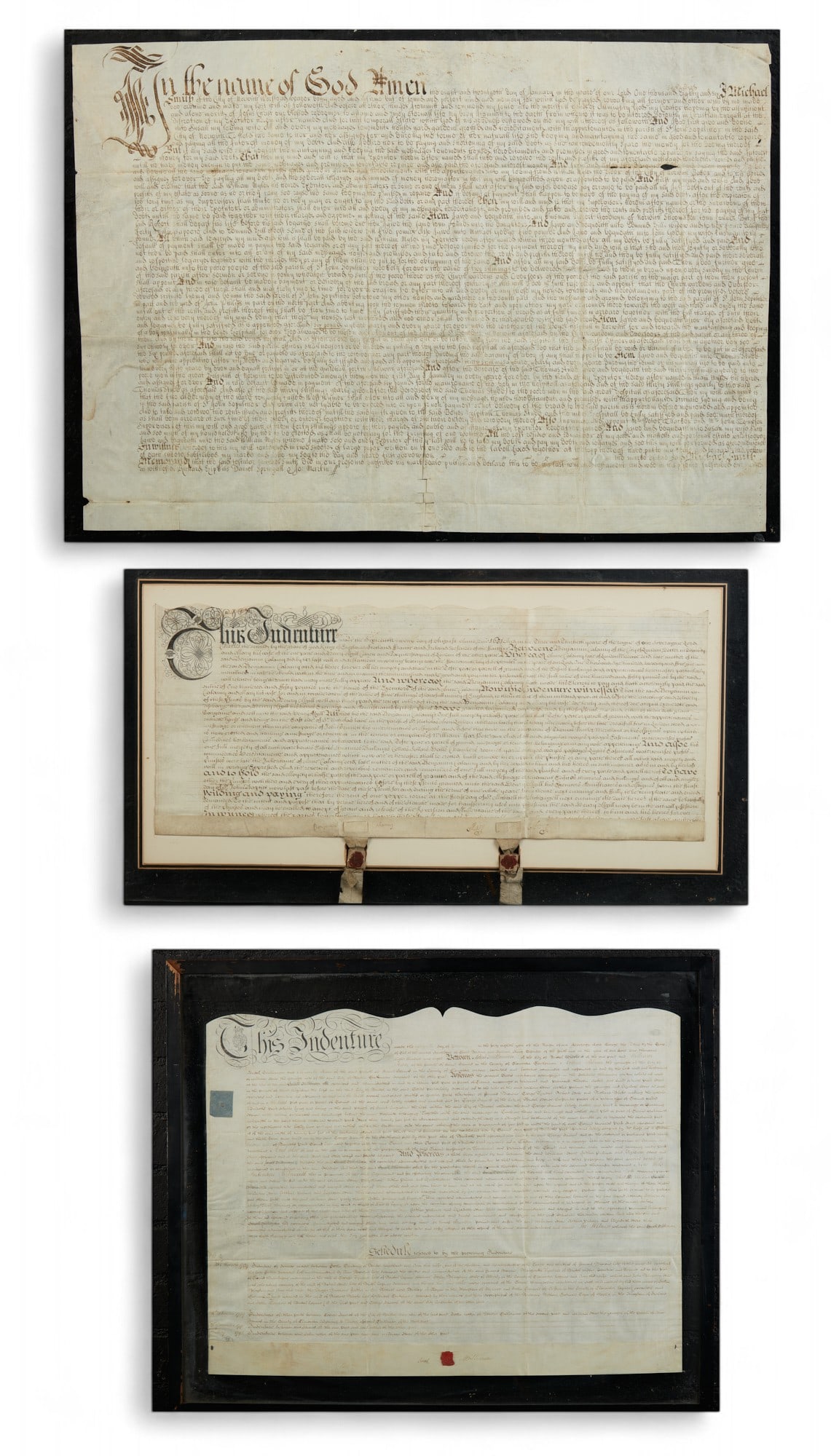A group of three framed English legal documents, Late 17th to late 18th century (1 of 12)