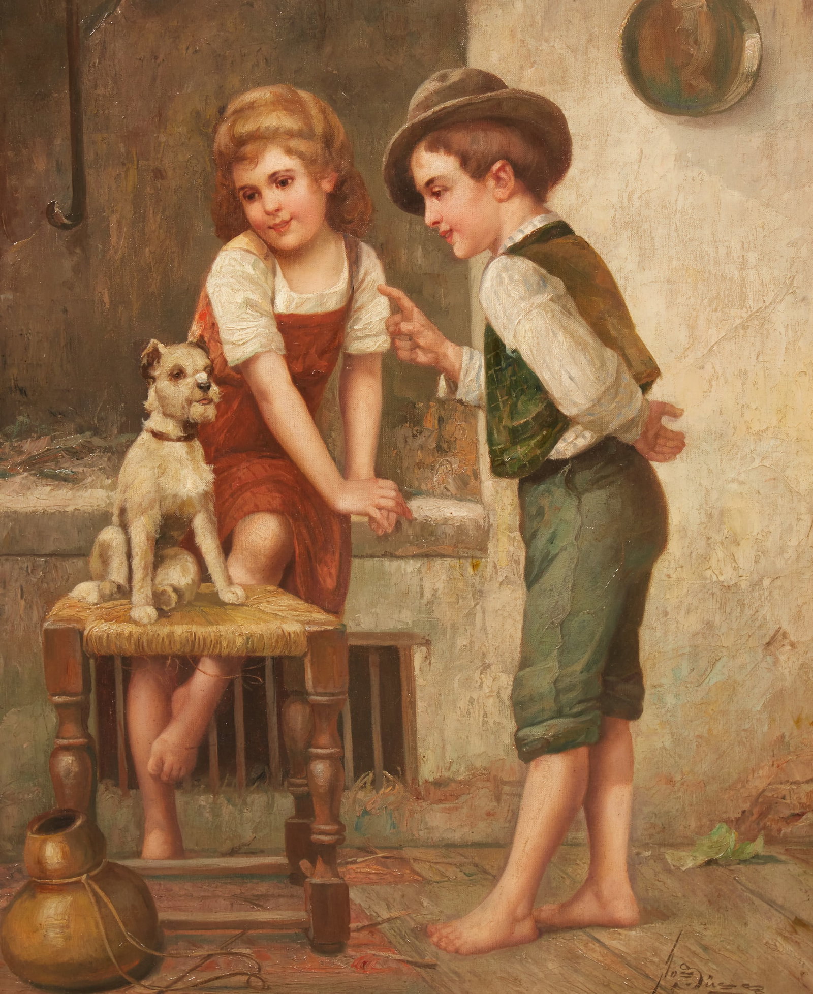 A framed painting of children teaching a dog new tricks., possibly by Josef Johann Suss.: A framed painting of children teaching a dog new tricks. possibly by Josef Johann Suss. framed: 38 x 32 in. (96.5 x 81.3 cm.)