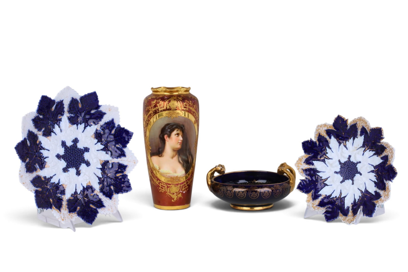 A group of two Meissen plates together with a porcelain portrait vase and two handle dish (1 of 6)