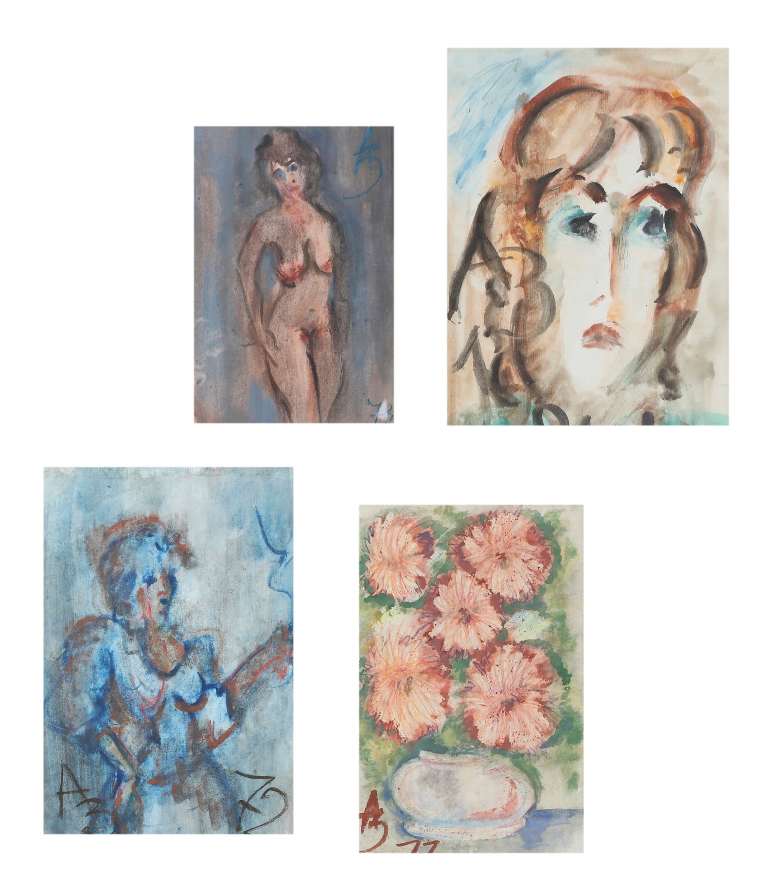 Anatoly Zverev (Russia, 1931?1986), Four works on paper, gouache and watercolor on paper, largest:: Four works on paper gouache and watercolor on paper all initialed and dated; Zverev was a legendary Russian nonconformist artist of the Moscow underground. largest: 16 x 11in (41 x 28cm)