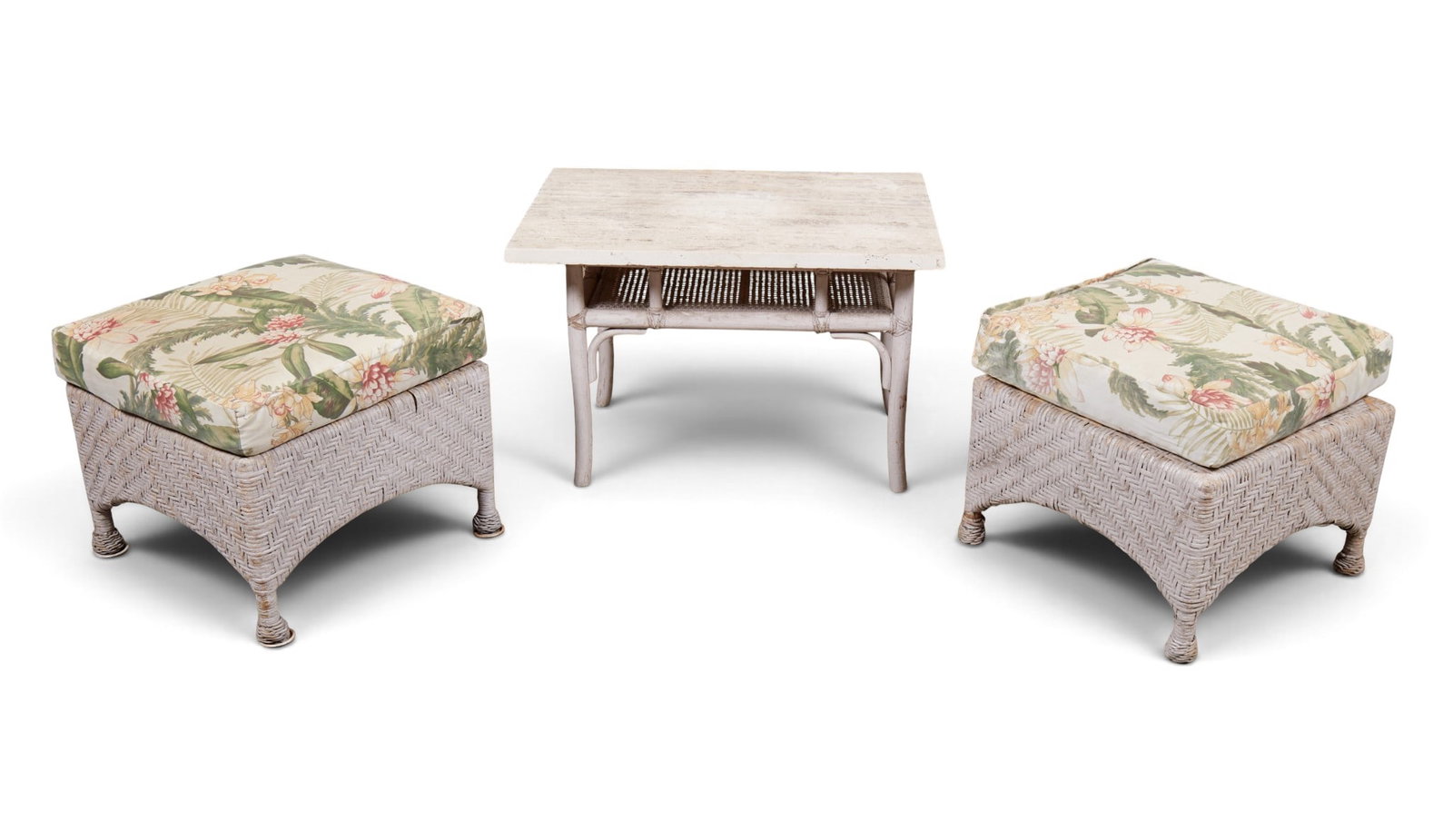 A pair of wicker ottomans with upholstered cushions together with a wicker side table: A pair of wicker ottomans with upholstered cushions together with a wicker side table Bench: height 15 x width 22 x depth 22 in. (38.1 x 55.9 x 55.9 cm.)