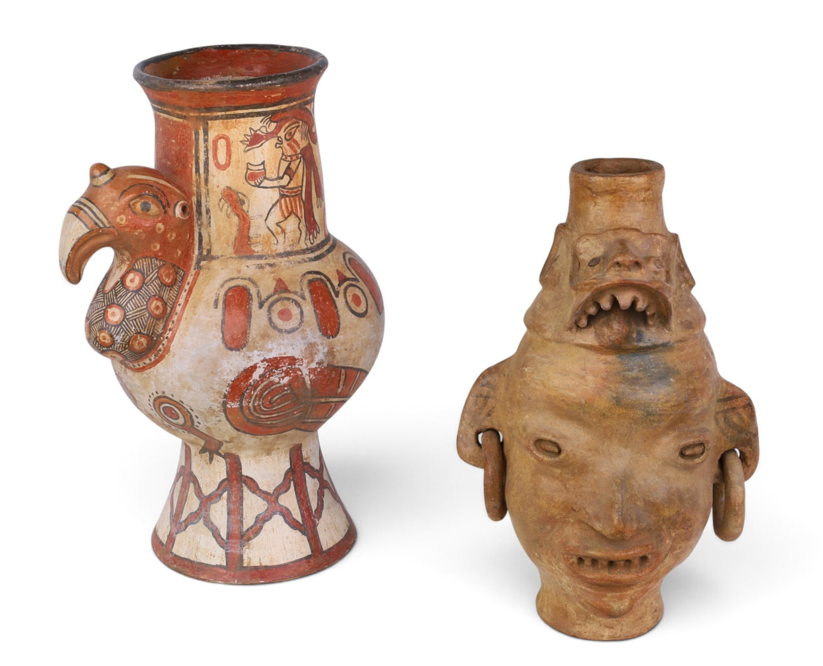Two imposing Meso-American polychrome ceramic effigy vessels: Two imposing Meso-American polychrome ceramic effigy vessels lot includes a tall polychrome zoomorphic pedestaled vessel (possibly Greater Nicoya culture, Costa Rica) in the form of a turkey with othe