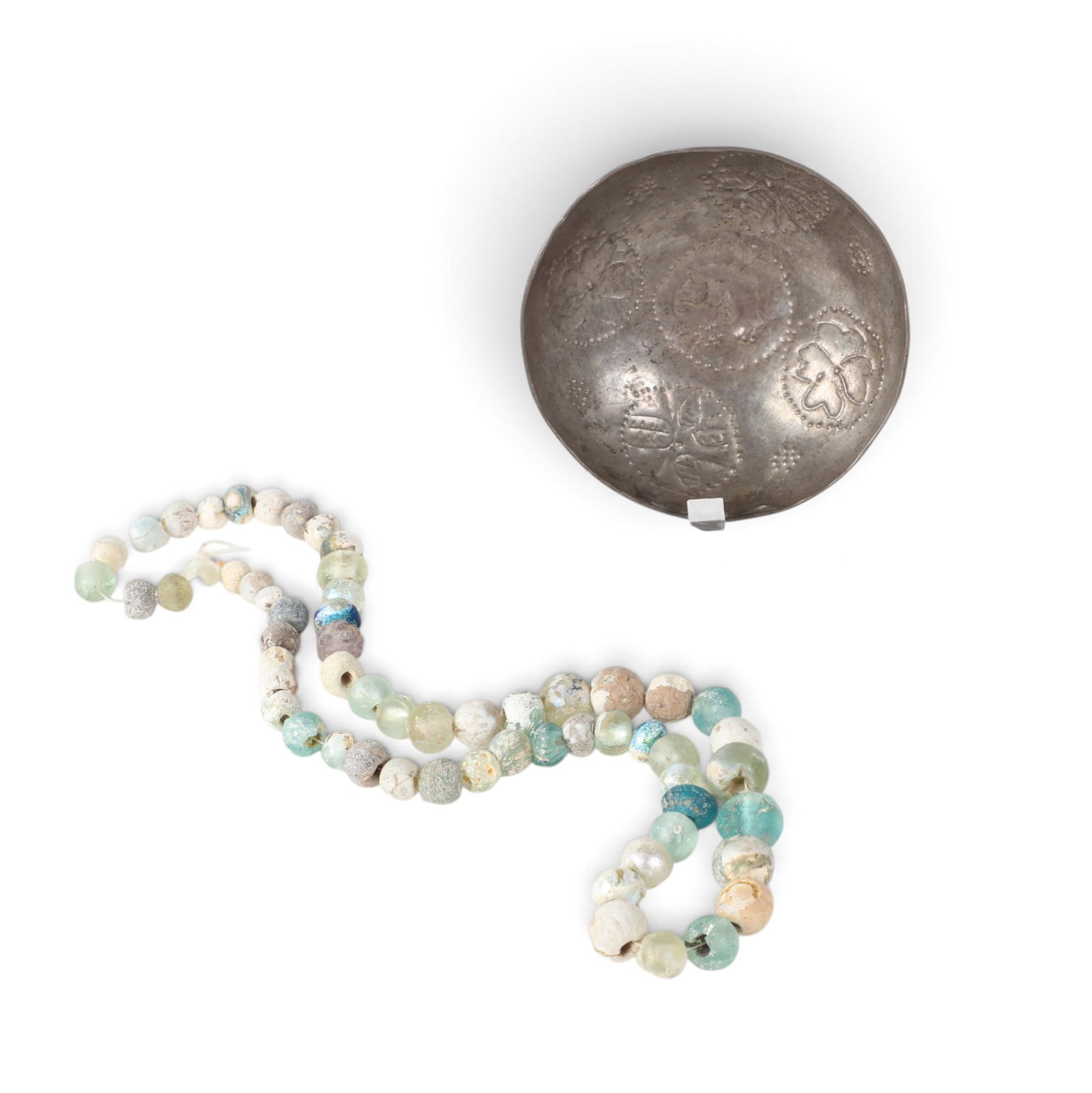 A western Asiatic Sasanian small bowl together with possibly ancient glass beaded necklace: A western Asiatic Sasanian small bowl together with possibly ancient glass beaded necklace with graved burr, possibly 400 to 600 century A.D.