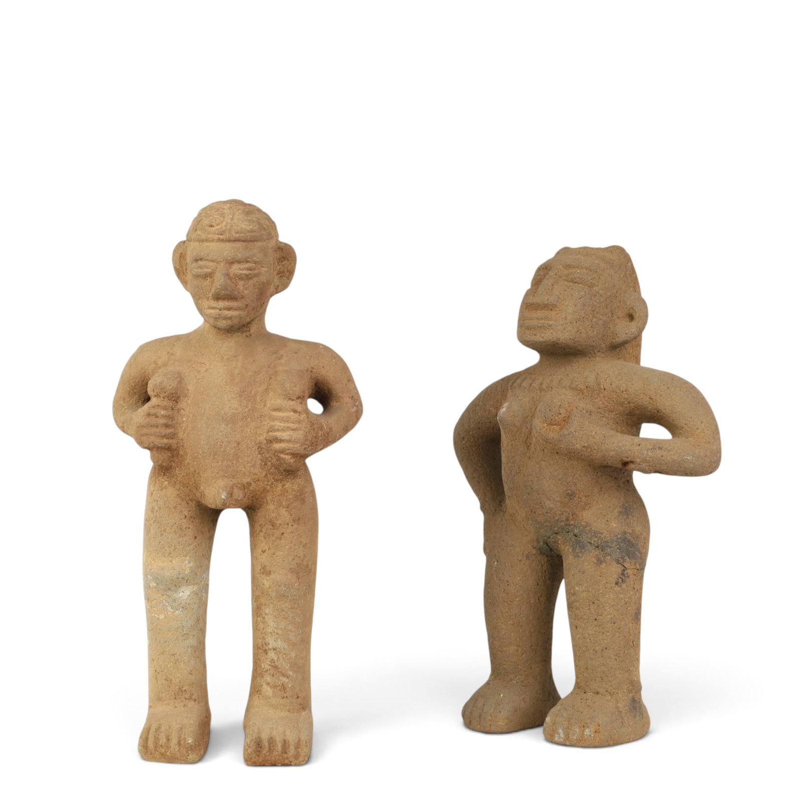 Two pre-Columbian styled Costa Rican volcanic basalt standing figures: Two pre-Columbian styled Costa Rican volcanic basalt standing figures lot includes female and male fertility figures originating from the central highlands to the Atlantic coastal watershed of Costa R
