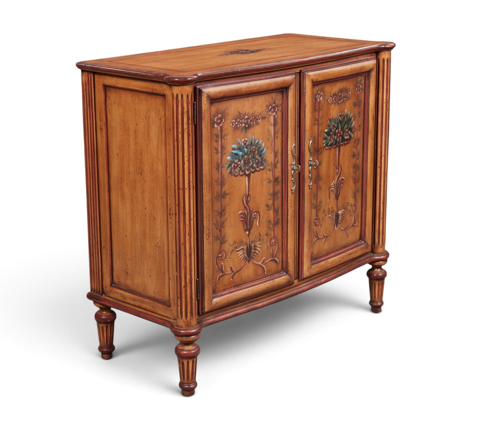 A Neoclassical style polychrome decorated side cabinet, modern: A Neoclassical style polychrome decorated side cabinet modern height 40 1/2in (103cm); width 43 1/2in (110.5cm); depth 20in (51cm)