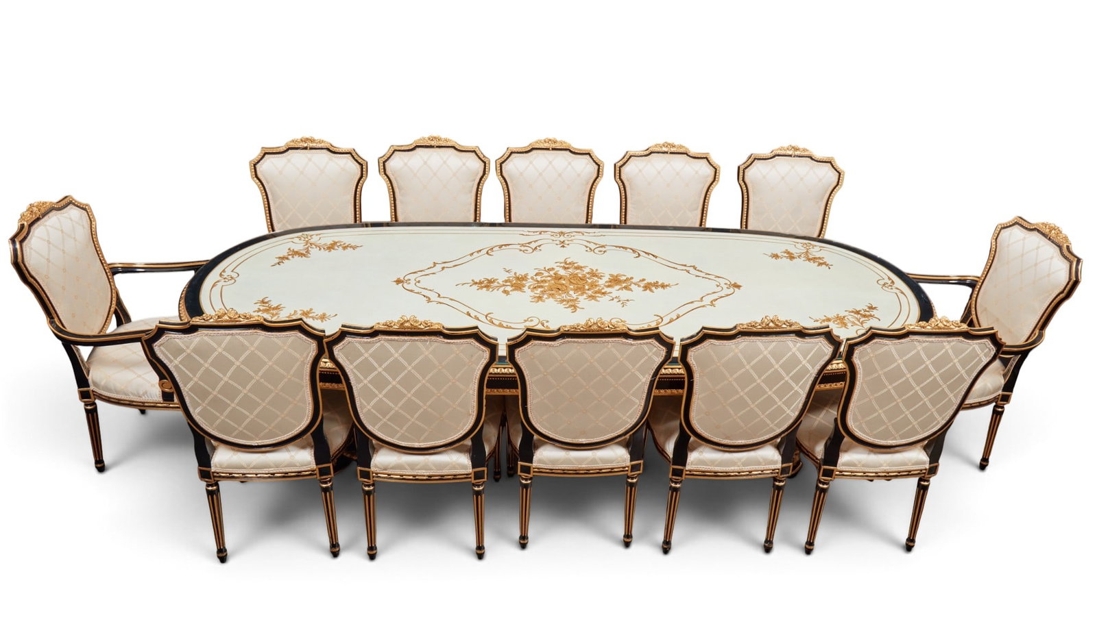 An Ebonized and gilt wood two pedestal dining room table with hand painted central, medalion and (1 of 14)
